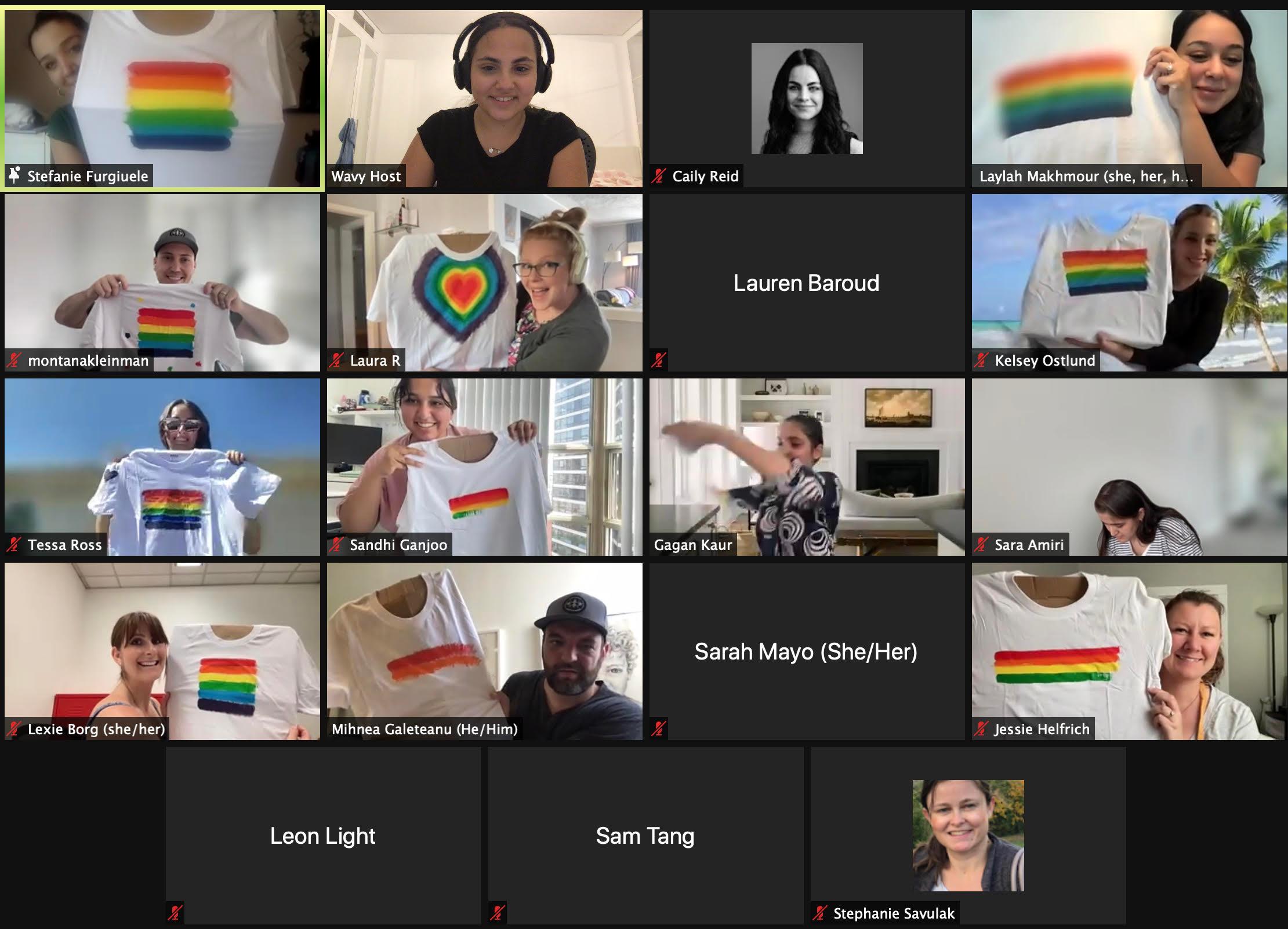 The Coconut Crew at their Pride T-shirt painting event on a Zoom call, showcasing their rainbow-painted shirts and smiling together.