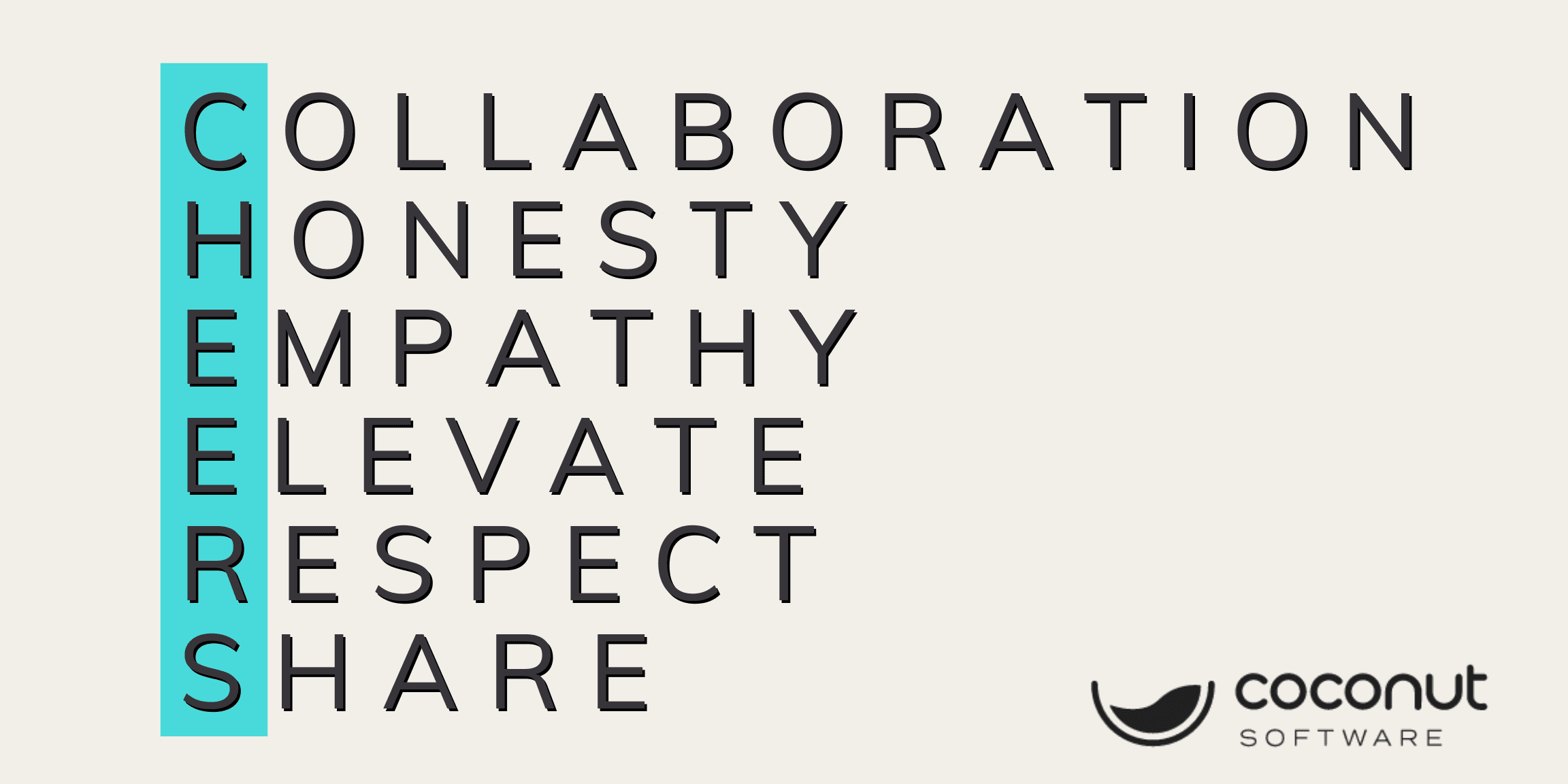 Coconut Software's CHEERS values: Collaboration, Honesty, Empathy, Elevate, Respect, Share, displayed in a vertical and horizontal layout.